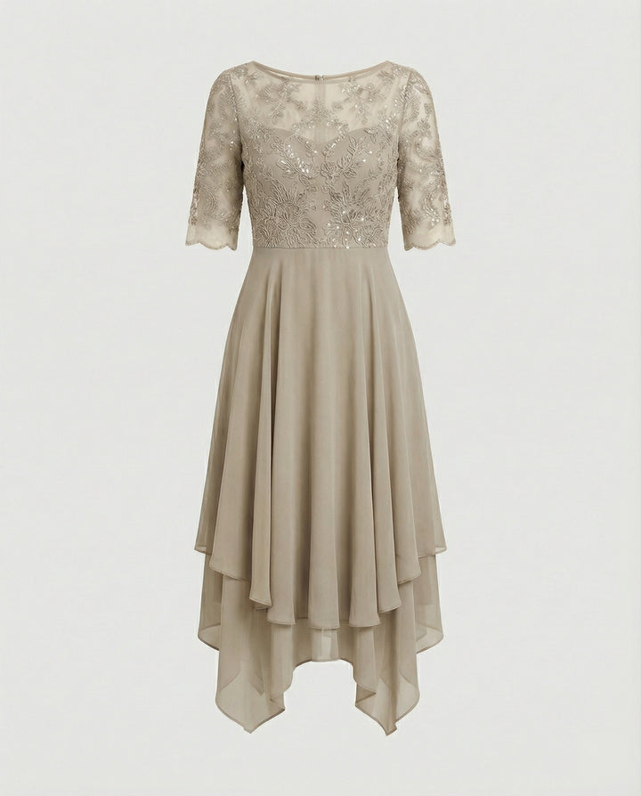 Drune - Damen Elegantes Spitze Chiffon Midikleid, Fließend & Feminin Geschnitten
