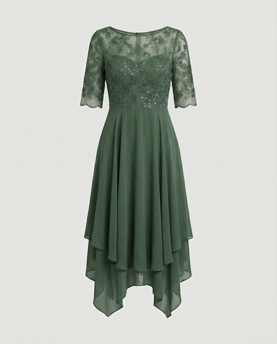 Drune - Damen Elegantes Spitze Chiffon Midikleid, Fließend & Feminin Geschnitten