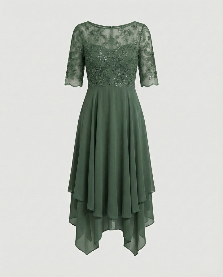 Drune - Damen Elegantes Spitze Chiffon Midikleid, Fließend & Feminin Geschnitten