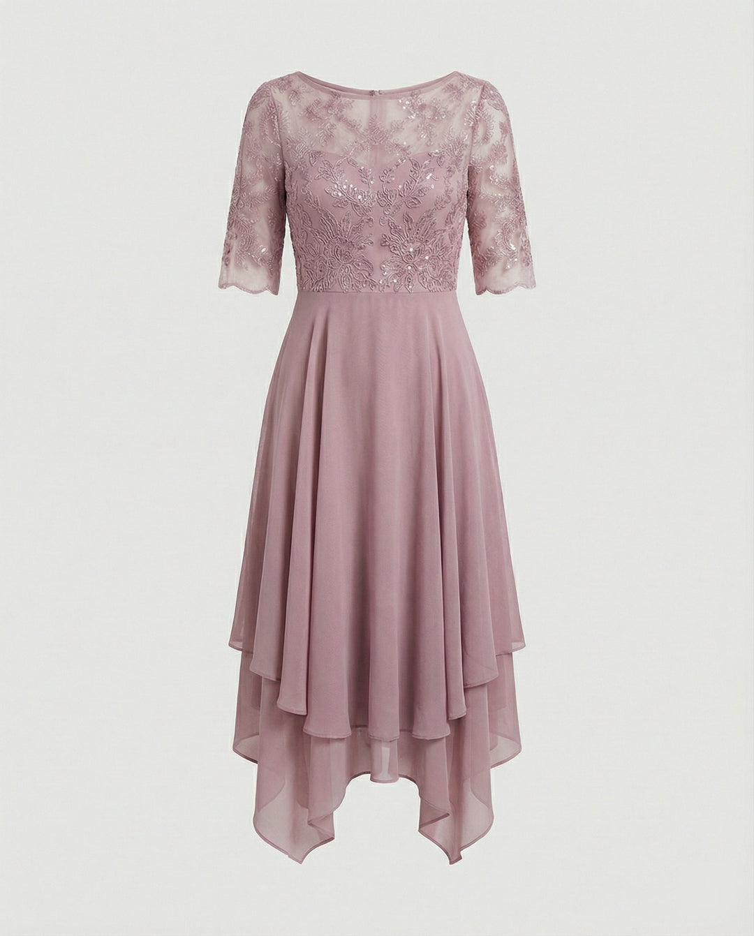Drune - Damen Elegantes Spitze Chiffon Midikleid, Fließend & Feminin Geschnitten