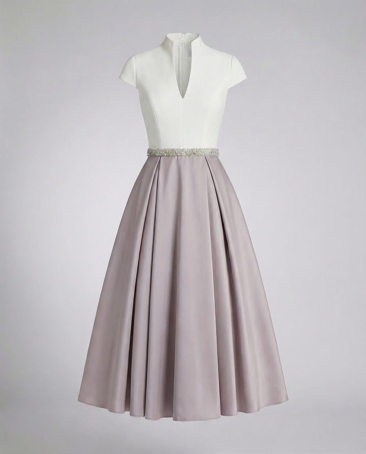 Damen Elegantes Midikleid mit Hochgeschlossenem Kragen & Schwingendem Rock | Drune