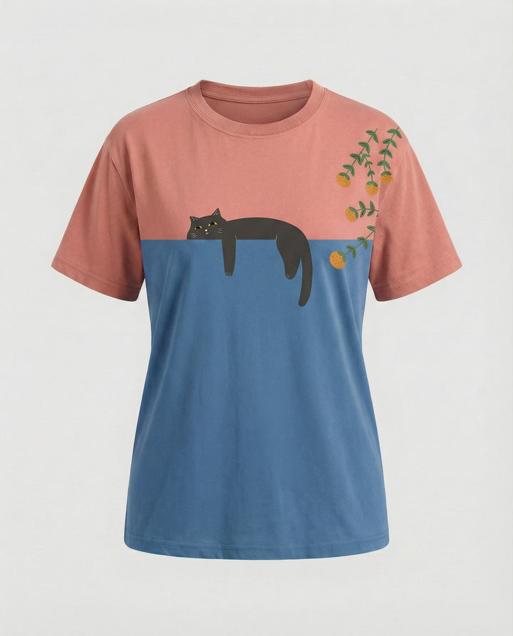 Drune - Damen Zweifarbiges Katzenmotiv T-Shirt Lockerer Schnitt