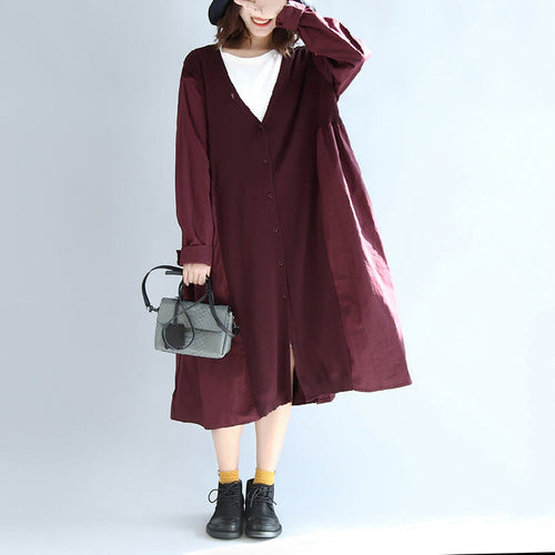 Drune | rotes Patchwork Baumwoll-Seidenpullover Überbekleidung Oversize lässige Strick lange Mäntel