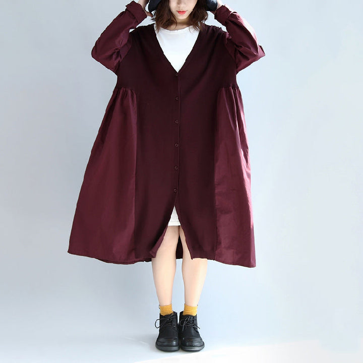 Drune | rotes Patchwork Baumwoll-Seidenpullover Überbekleidung Oversize lässige Strick lange Mäntel