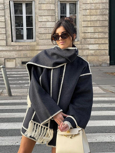 Drune | Mantel Poncho-Stil - Oversized Passform - Wollmischung - Hoher Kragen - 3/4 Ärmel