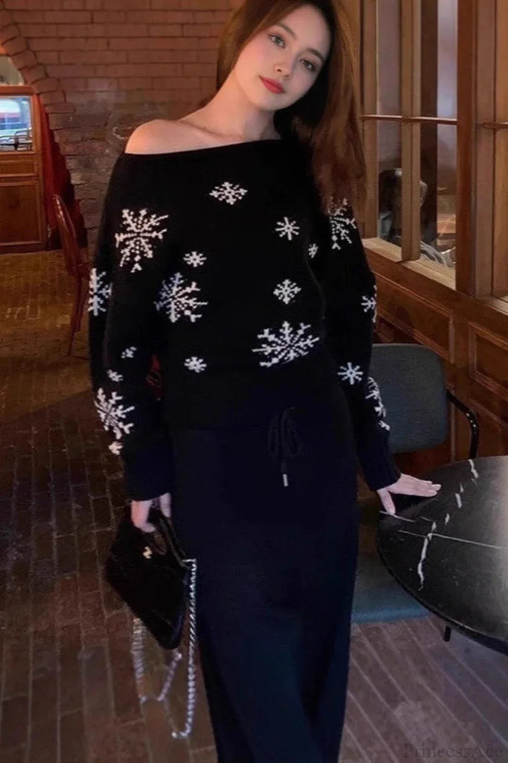 Drune | Roter Schneeflocken Weihnachten Off Shoulder Pullover Sweater