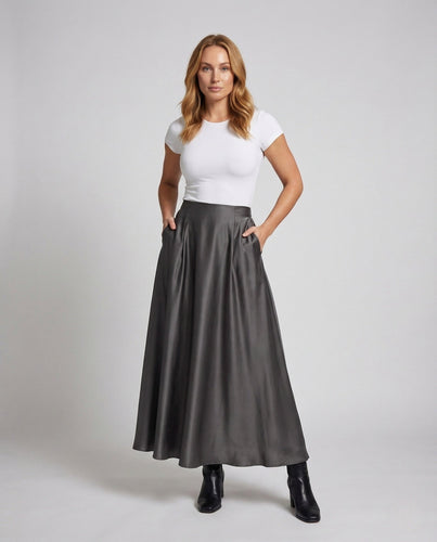 Damen Satin Maxirock High Waist Taschen