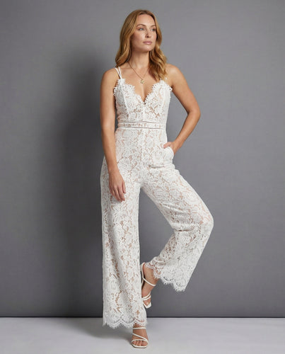 Damen Eleganter Spitzen-Jumpsuit mit tiefem V-Ausschnitt und weitem Bein Drune