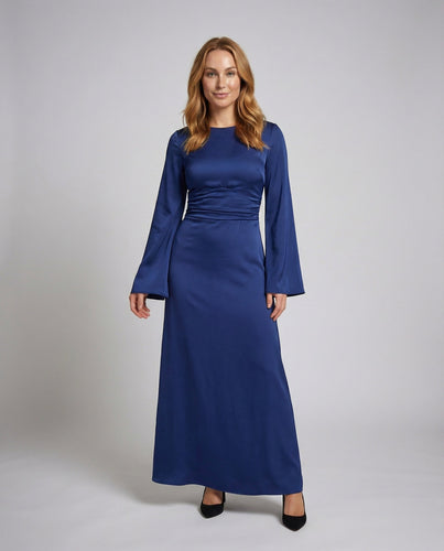Damen Satin-Abendkleid Lange Glockenärmel
