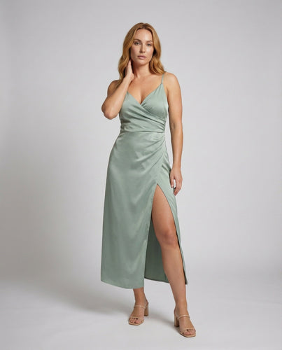 Damen geschlitztes Satin-Maxikleid mit Bustier-Drapierung