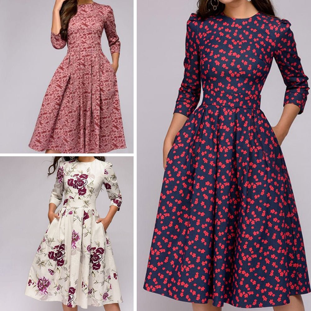 Drune | Lässiges Mittellanges Kleid mit Rundhalsausschnitt Blumendruck und Taschen