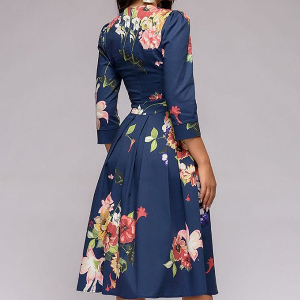Drune | Lässiges Mittellanges Kleid mit Rundhalsausschnitt Blumendruck und Taschen