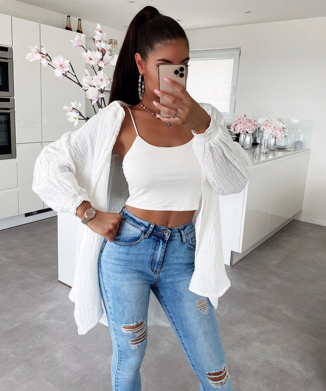 Musselin Bluse Freya Weiß Lang