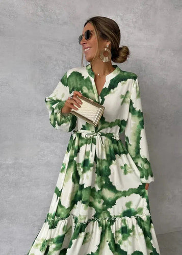 Drune | Maxi Kleid Damen Lange Ärmel Vausschnitt Elegantes und Fließendes Design