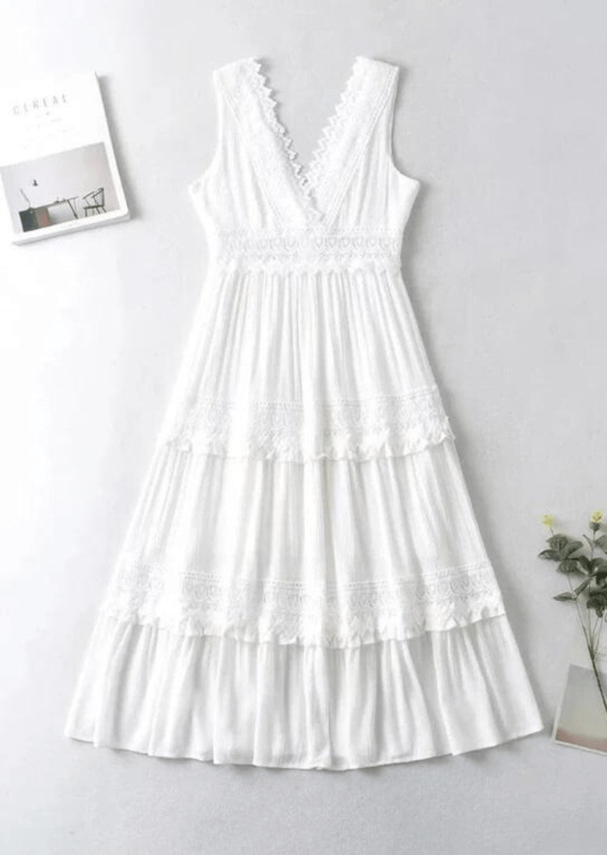 Drune | Elegante Damen Maxi Kleid Mit Spitz V-Ausschnitt Weißes Kleid