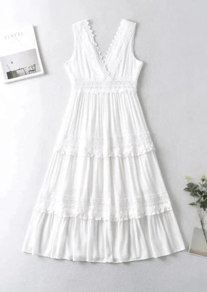 Drune | Elegante Damen Maxi Kleid Mit Spitz V-Ausschnitt Weißes Kleid