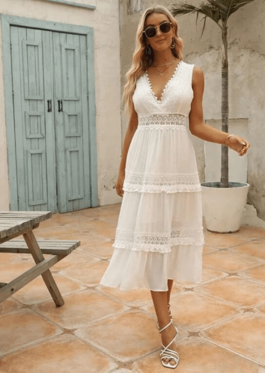 Drune | Elegante Damen Maxi Kleid Mit Spitz V-Ausschnitt Weißes Kleid