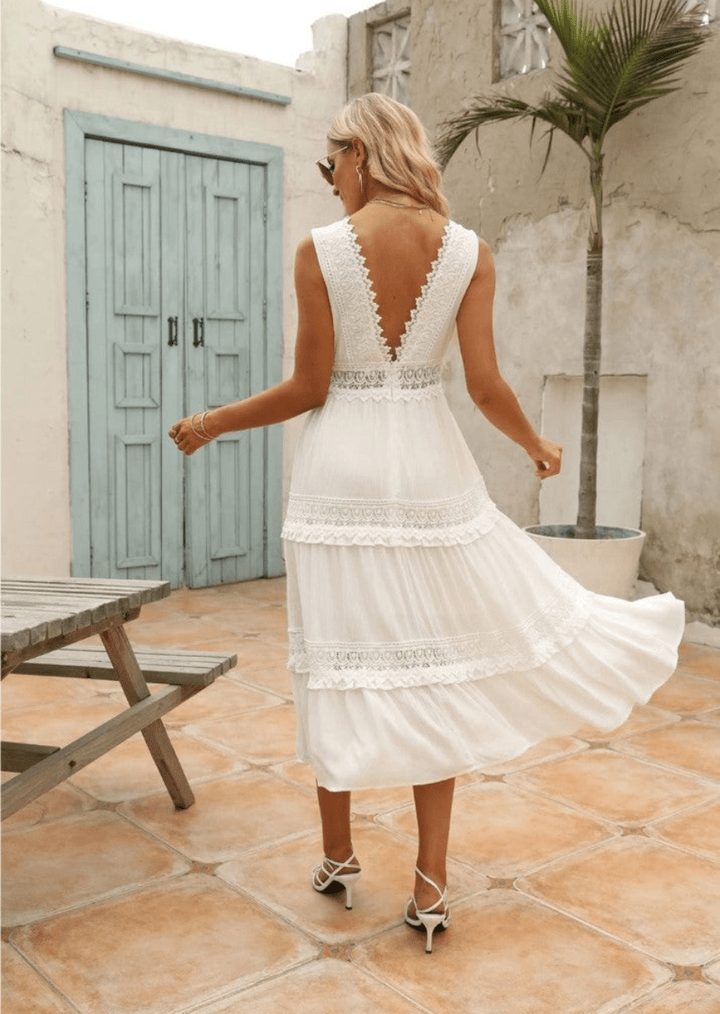 Drune | Elegante Damen Maxi Kleid Mit Spitz V-Ausschnitt Weißes Kleid