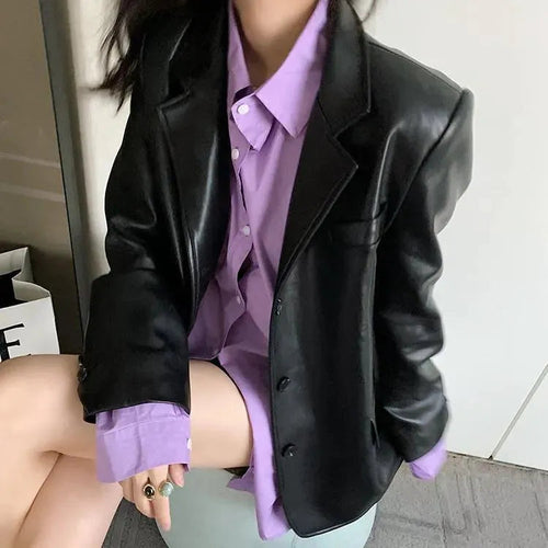 Drune | Laufsteg Übergröße Leder Blazer Damen - Lässig - Unifarben