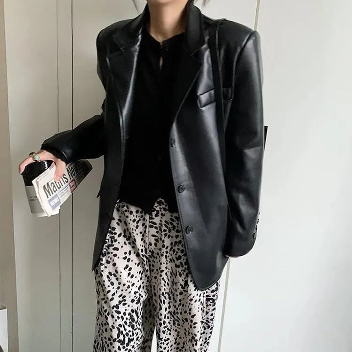 Drune | Laufsteg Übergröße Leder Blazer Damen - Lässig - Unifarben