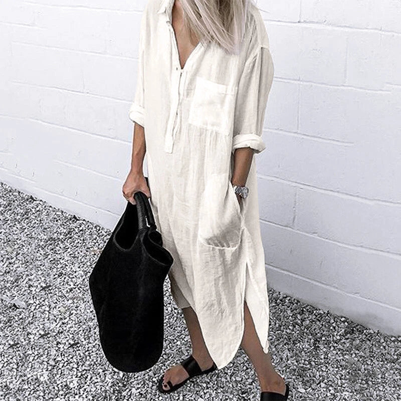 Drune - Lockeres langes Kleid mit langen Ärmeln und Seitentaschen Kleid