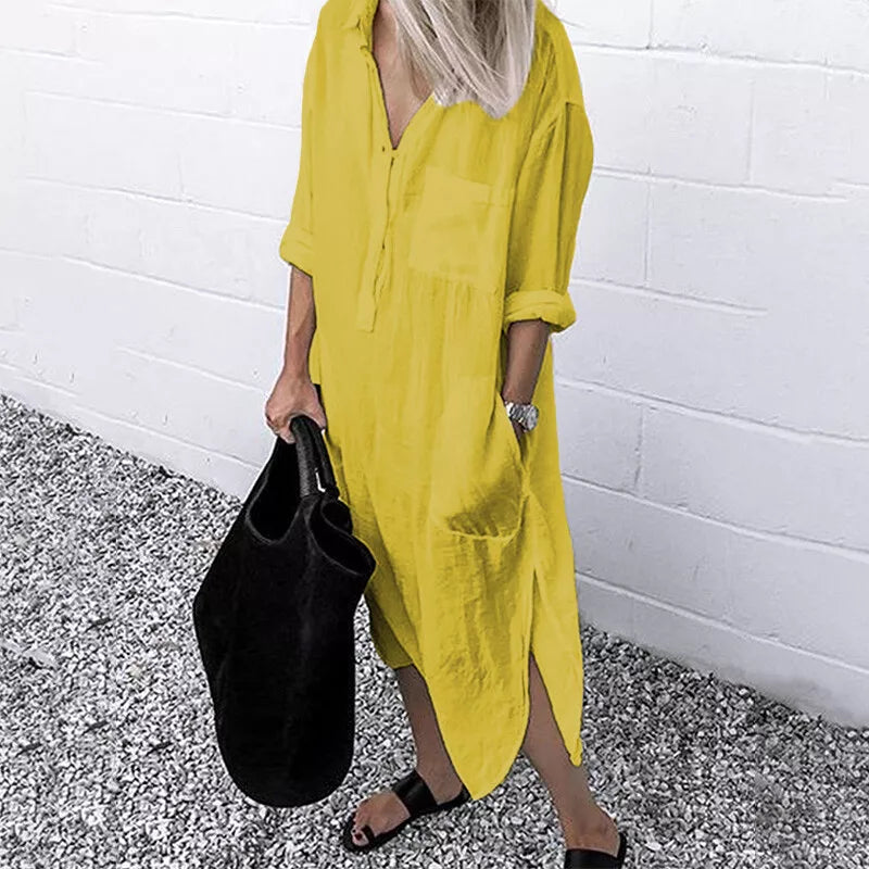 Drune - Lockeres langes Kleid mit langen Ärmeln und Seitentaschen Kleid
