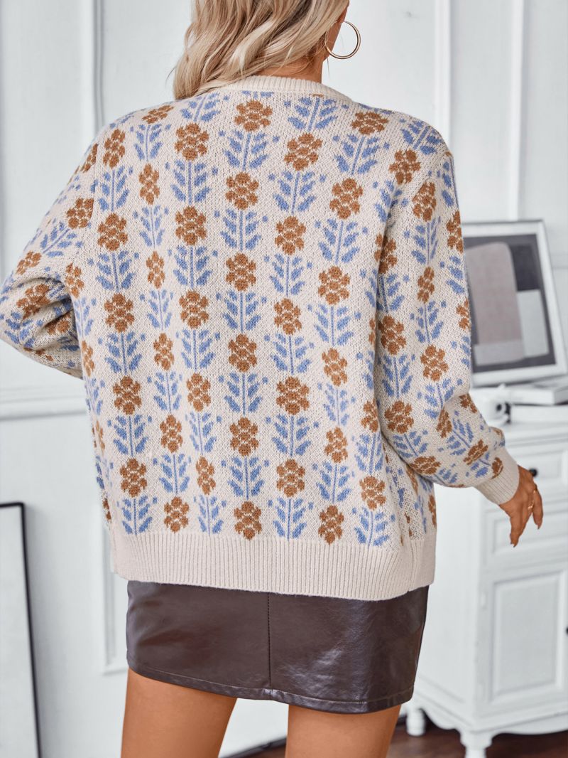 Drune | Strickjacke Gestrickt Blumenmuster Lockere Passform Knöpfe Rundhals