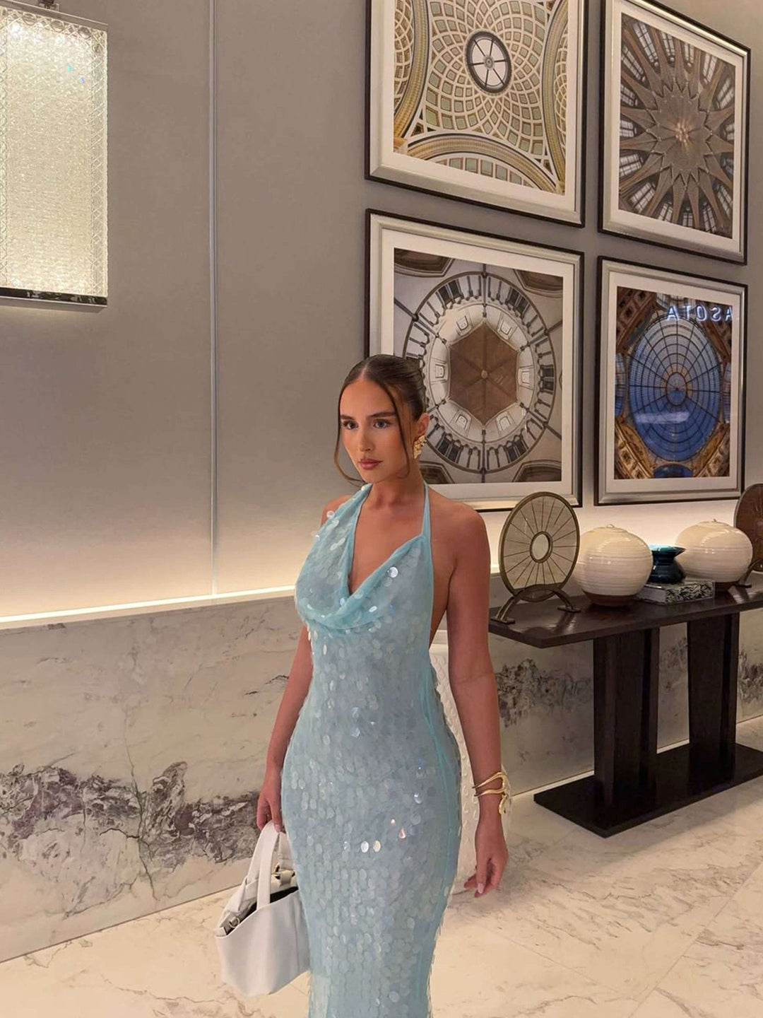 Drune | Pailletten Maxi Kleid für Damen mit Halsband