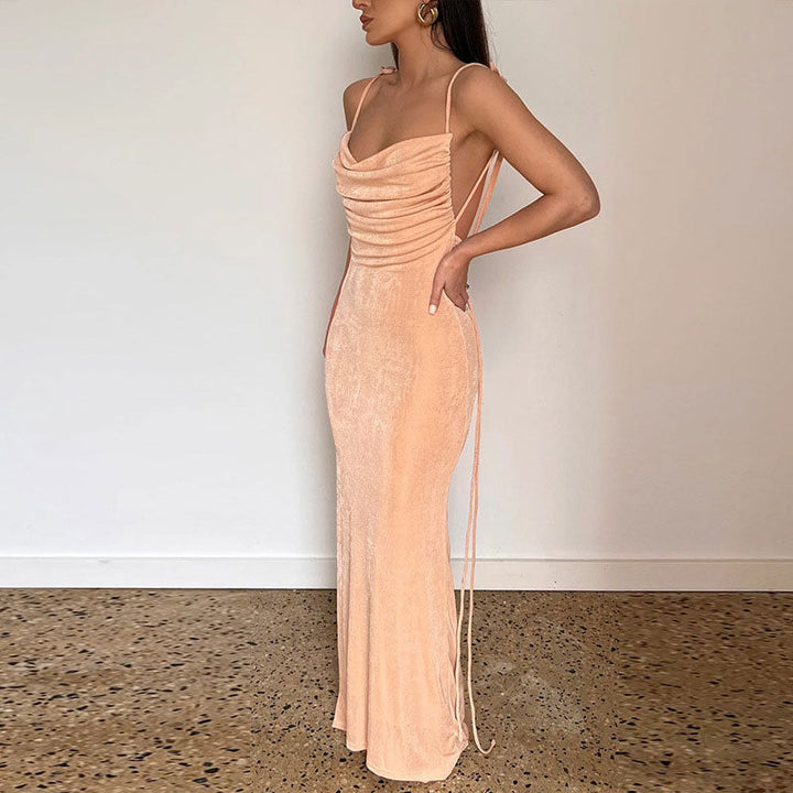Drune | Maxikleid mit Wasserfallausschnitt und Bindeträgern