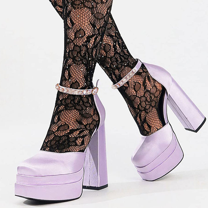 Drune | Glänzende Satin Pumps mit Quadratischer Spitze und Klobigem Plateau