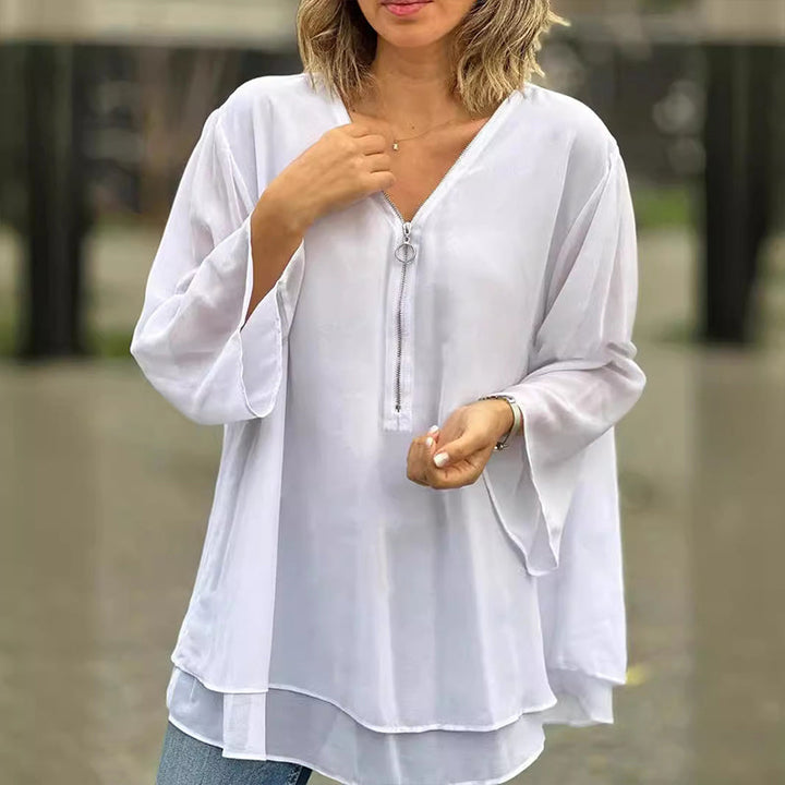 Drune | Chiffon Reißverschluss Top mit V-Ausschnitt
