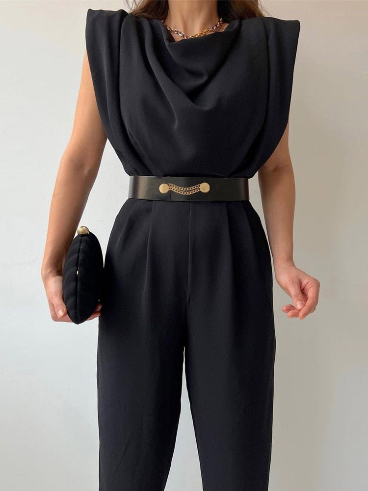 Drune | Lässiger Ärmelloser Jumpsuit mit V-ausschnitt Taillengürtel und Schmaler Passform