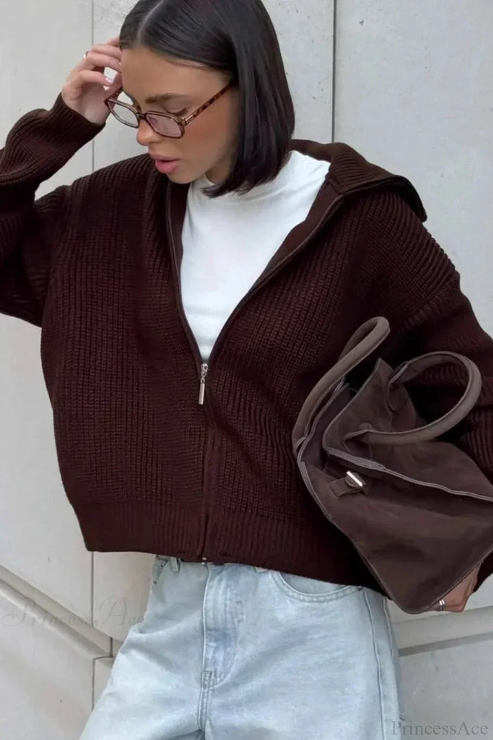 Drune | Einfacher Reißverschluss Cardigan Lässig Lockere Strickjacke