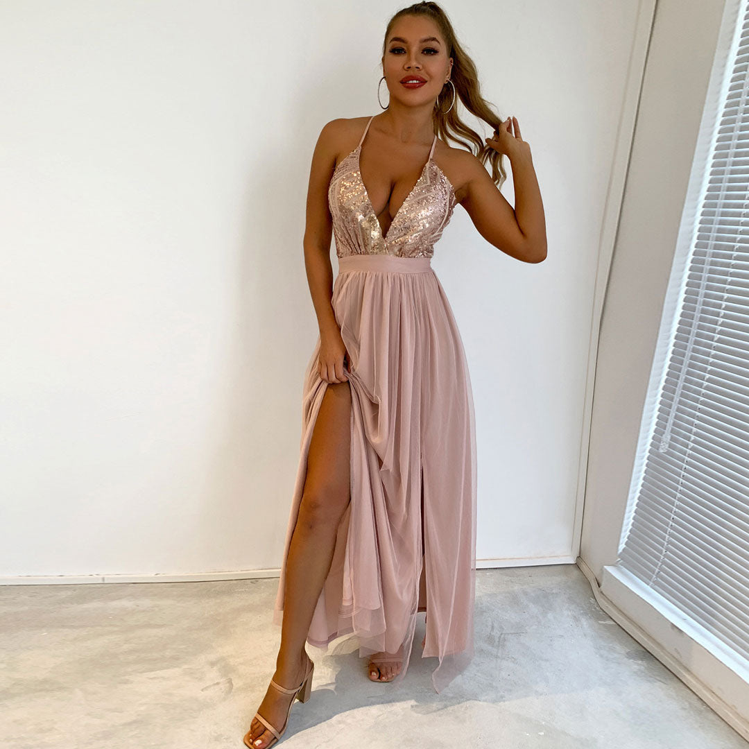 Drune | Glitzerndes Pailletten Panel Mesh Tiefer V-Rückenfreies Abend Maxikleid