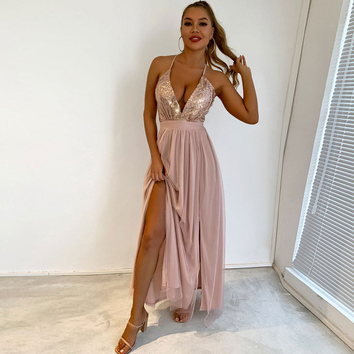 Drune | Glitzerndes Pailletten Panel Mesh Tiefer V-Rückenfreies Abend Maxikleid