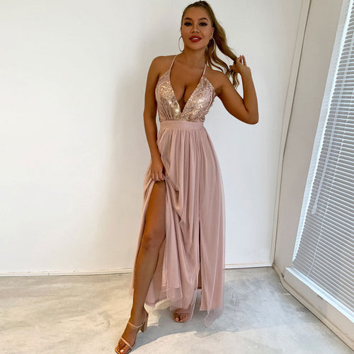 Drune | Glitzerndes Pailletten Panel Mesh Tiefer V-Rückenfreies Abend Maxikleid