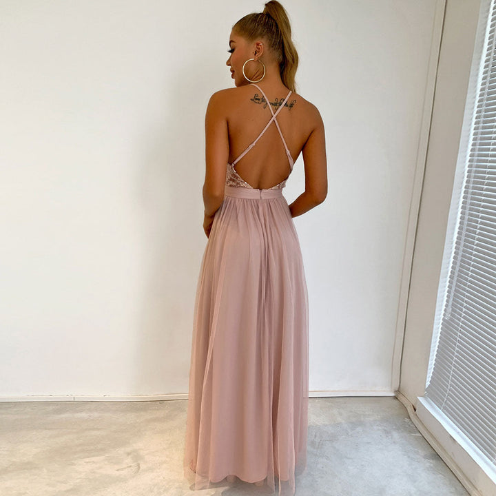 Drune | Glitzerndes Pailletten Panel Mesh Tiefer V-Rückenfreies Abend Maxikleid