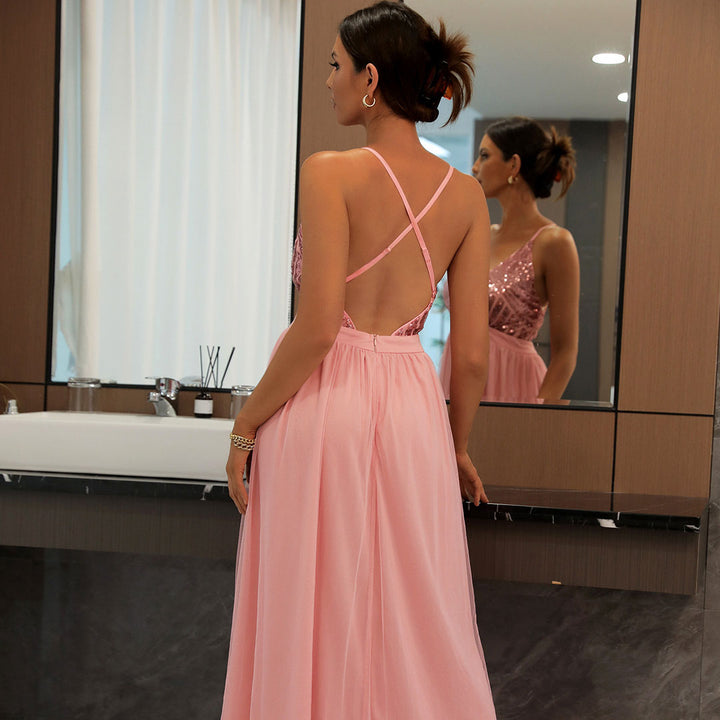 Drune | Glitzerndes Pailletten Panel Mesh Tiefe V-Rückenloses Abend Maxikleid