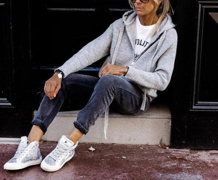 Drune | Grau Strick Hoodie mit Reißverschluss Wolle Komfortabel und Warm