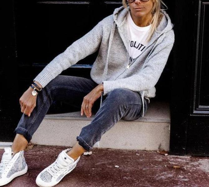 Drune | Grau Strick Hoodie mit Reißverschluss Wolle Komfortabel und Warm