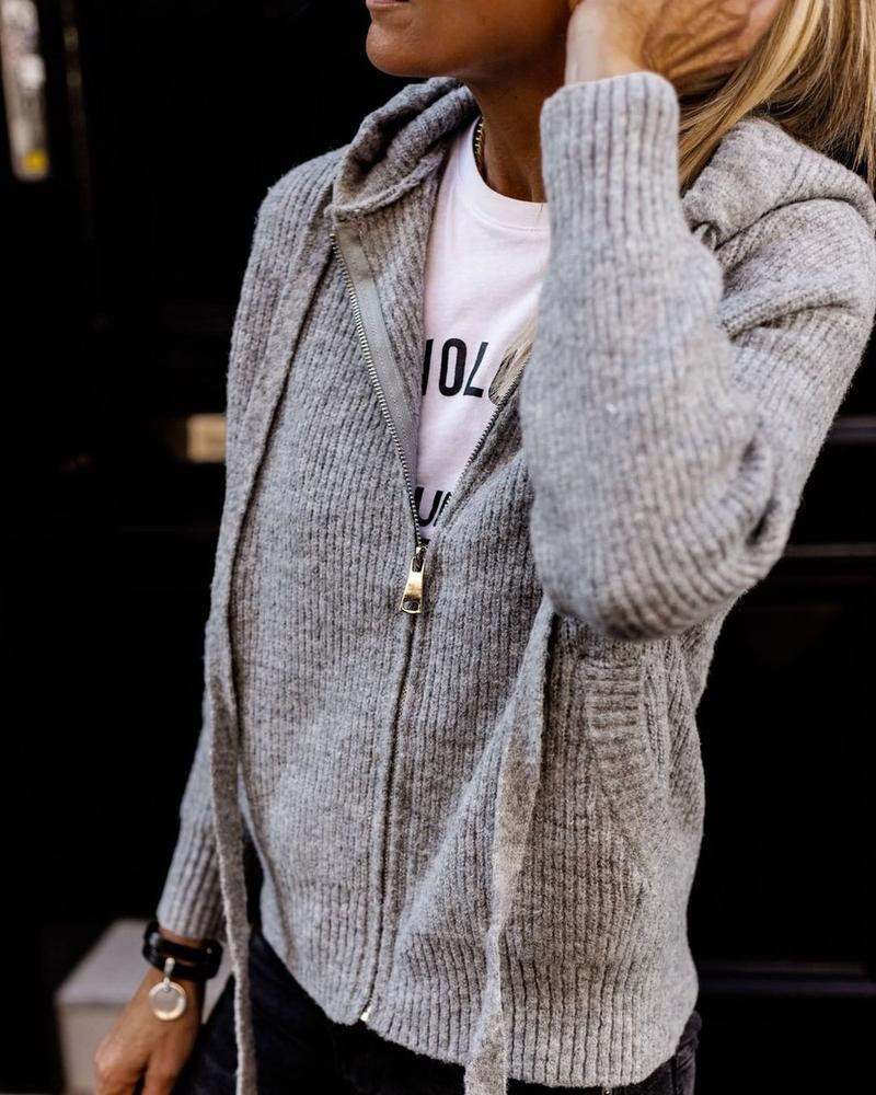 Drune | Grau Strick Hoodie mit Reißverschluss Wolle Komfortabel und Warm