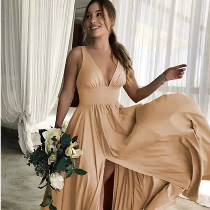 Drune | Geteiltes V-Ausschnitt Brautjungfernkleid Lange Maxi Abend