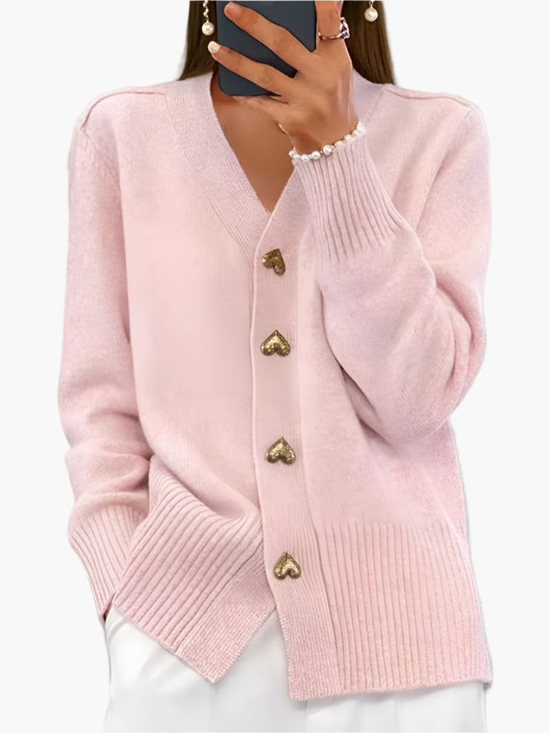 Drune | Cardigan mit Herzknöpfen - Eleganter Strickpullover für Alltag und Büro