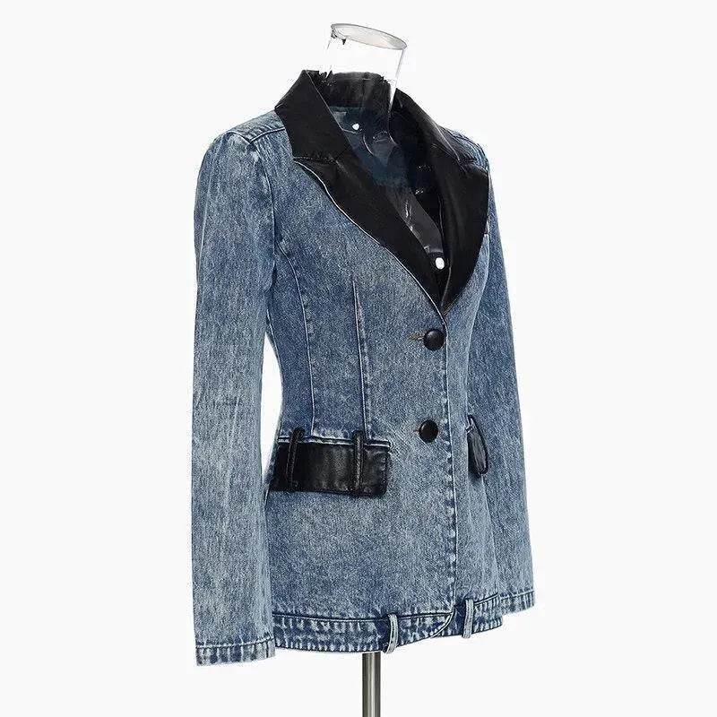 Drune | Streetwear Lederkragen Denim Blazer Frauen - Lässig - Einfarbig