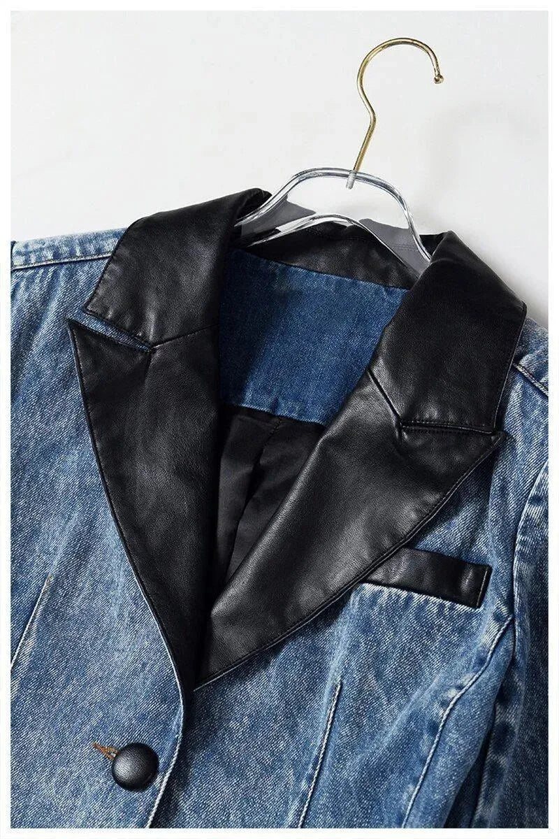 Drune | Streetwear Lederkragen Denim Blazer Frauen - Lässig - Einfarbig
