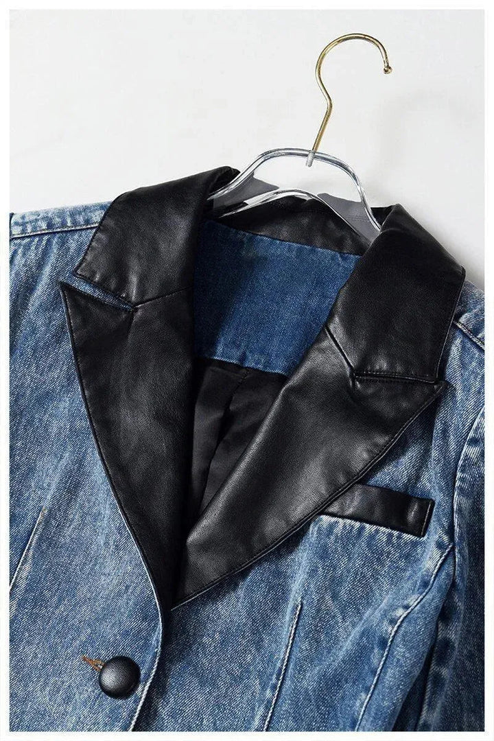 Drune | Streetwear Lederkragen Denim Blazer Frauen - Lässig - Einfarbig