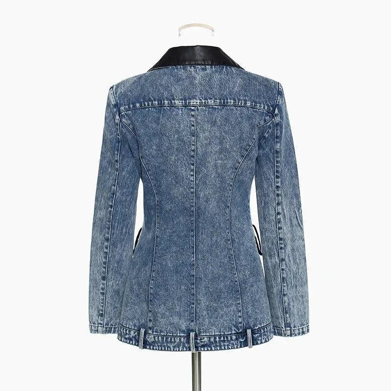 Drune | Streetwear Lederkragen Denim Blazer Frauen - Lässig - Einfarbig