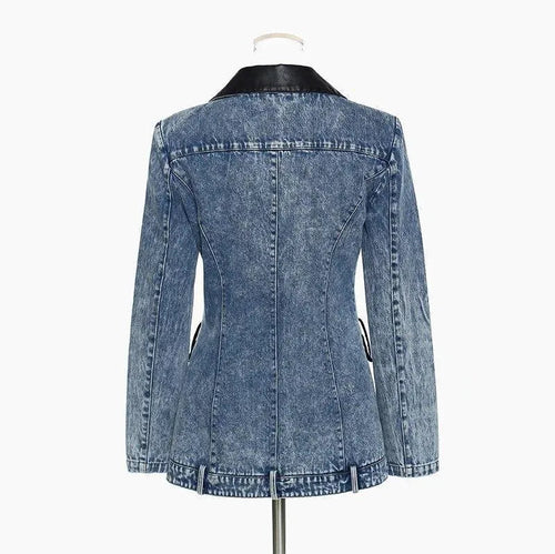 Drune | Streetwear Lederkragen Denim Blazer Frauen - Lässig - Einfarbig
