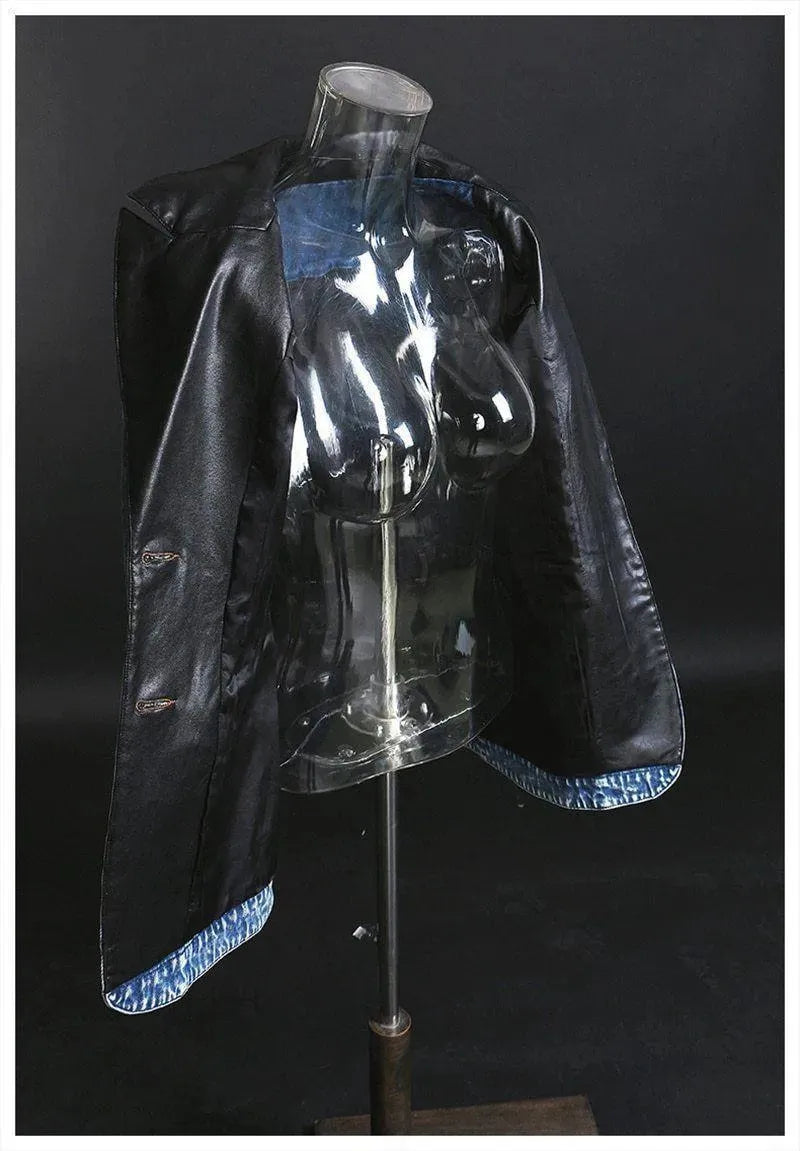 Drune | Streetwear Lederkragen Denim Blazer Frauen - Lässig - Einfarbig