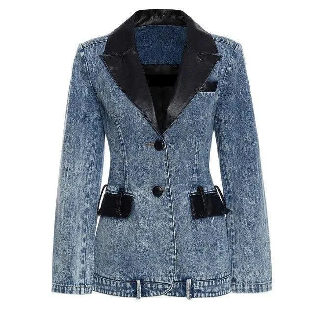 Drune | Streetwear Lederkragen Denim Blazer Frauen - Lässig - Einfarbig